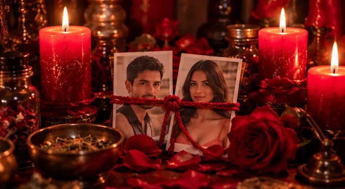 Fotos de una pareja atadas con cordón rojo para un amarre para que me busque