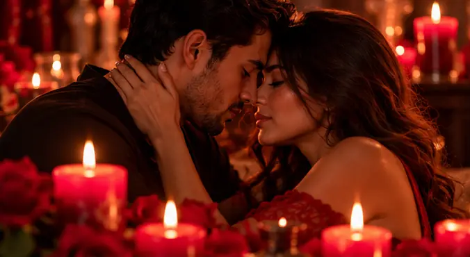Pareja abrazada entre velas rojas tras un hechizo para que me busque desesperado