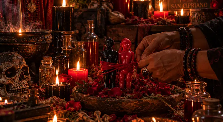 Altar con veladoras rojas para la oración de San Cipriano para que me busque
