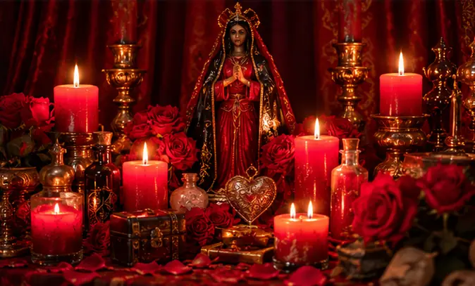 Altar con velas rojas para un ritual para que me busque